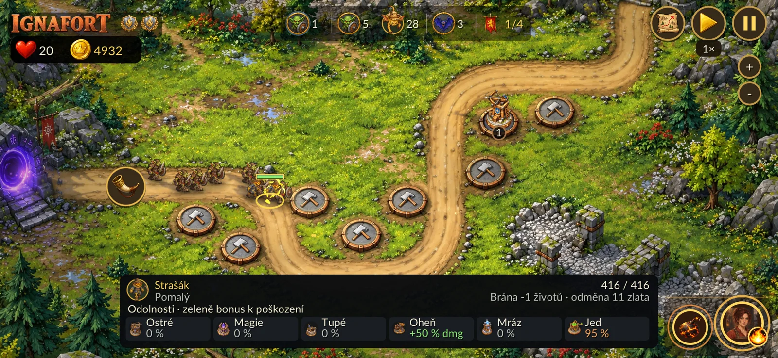 Gameplay showing a tower and enemy resistances